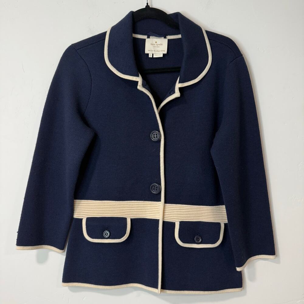 Kate Spade Women's Mayson Sweater Jacket Blazer Cardigan Navy Cream Wool 8